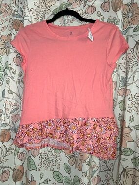 GAP Pink Short Sleeve Tee with Floral Ruffle Hem